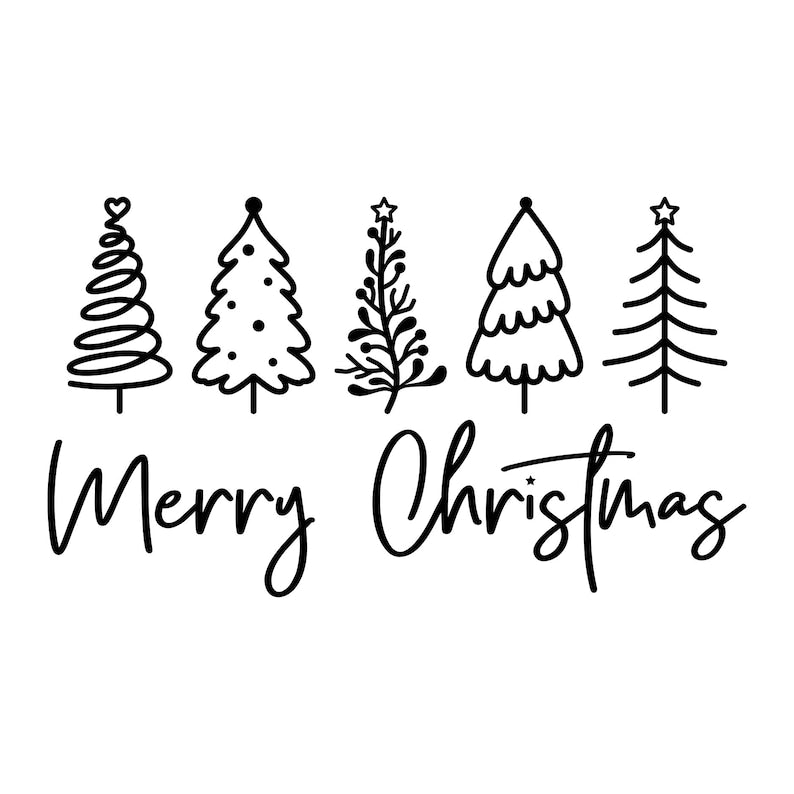 Merry Christmas vinyl decal design with five hand-drawn festive fir trees above decorative lettering.
