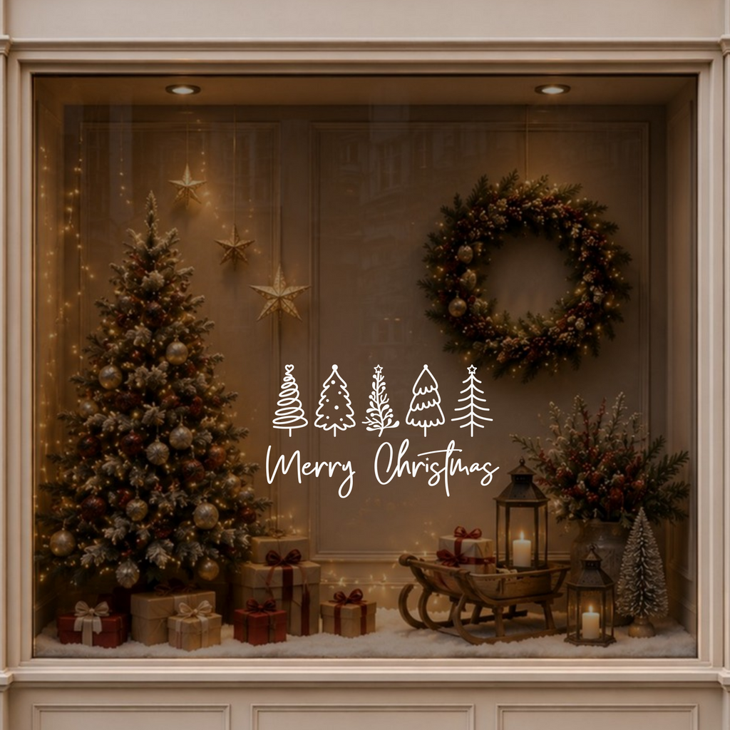 Merry Christmas tree window decal displayed on glass in a warm festive room with a decorated Christmas tree.