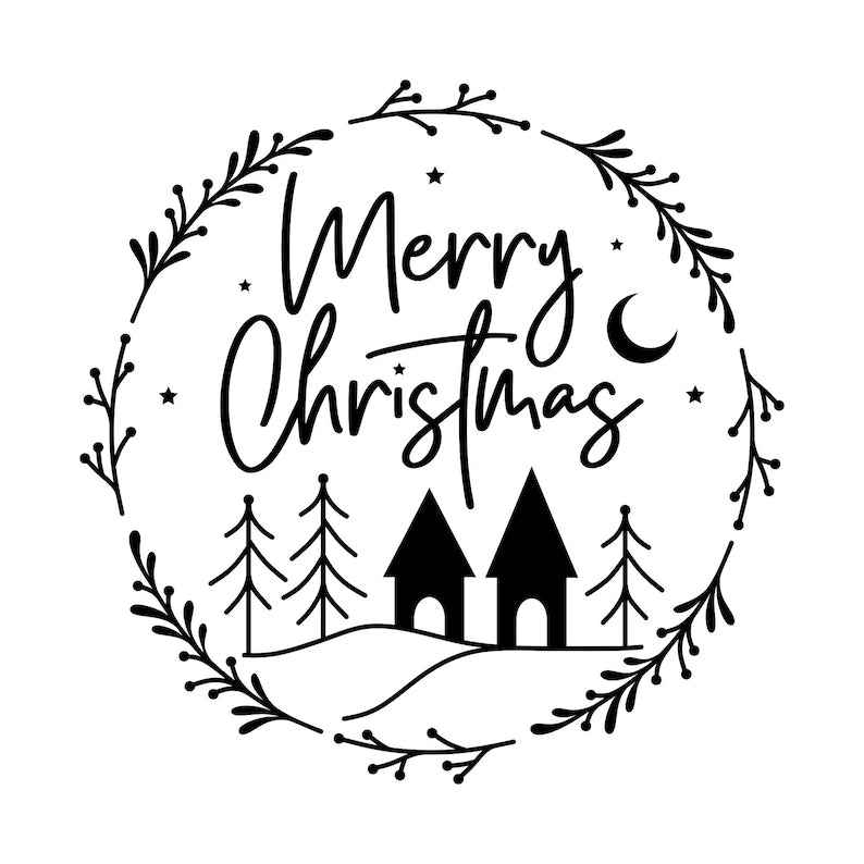 Merry Christmas vinyl decal featuring festive lettering, fir trees and a decorative circular Christmas wreath.