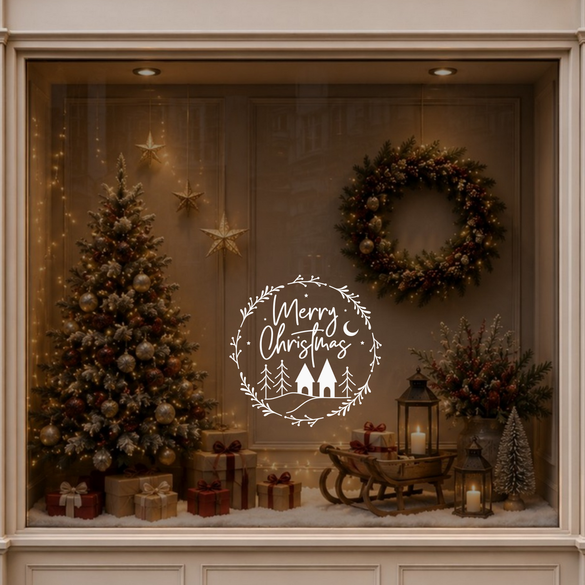 Merry Christmas wreath decal displayed on a window beside a decorated Christmas tree and warm festive decorations.