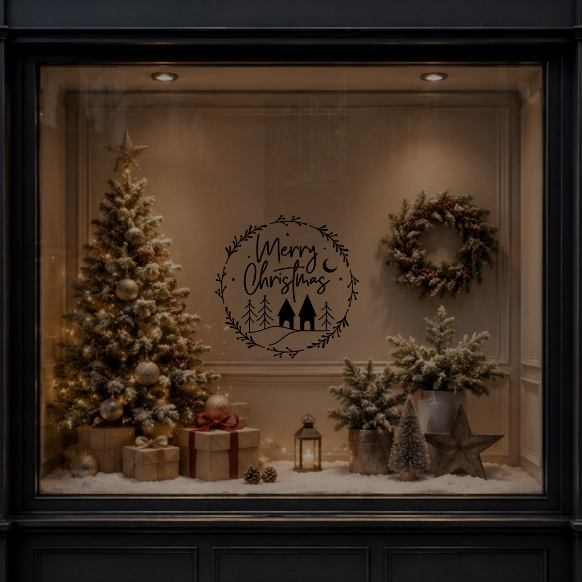 Festive Merry Christmas wreath vinyl sticker displayed on dark glass in a warm Christmas interior.