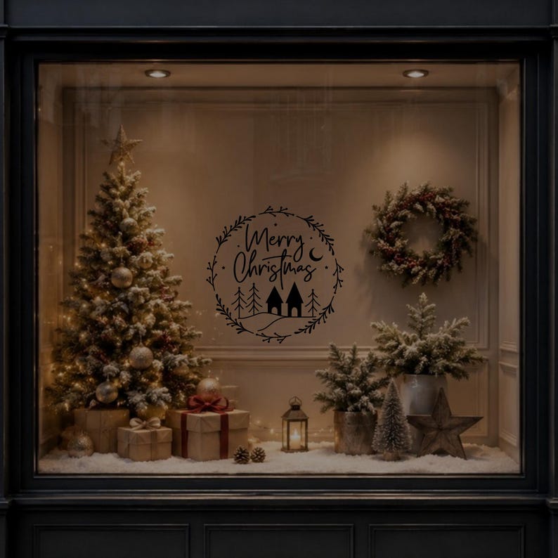 Festive Merry Christmas wreath vinyl sticker displayed on dark glass in a warm Christmas interior.