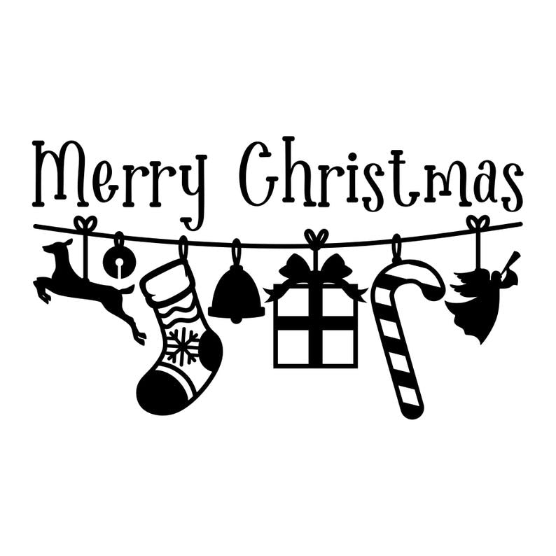 Merry Christmas vinyl decal design with hanging baubles, Christmas presents and decorative festive elements.