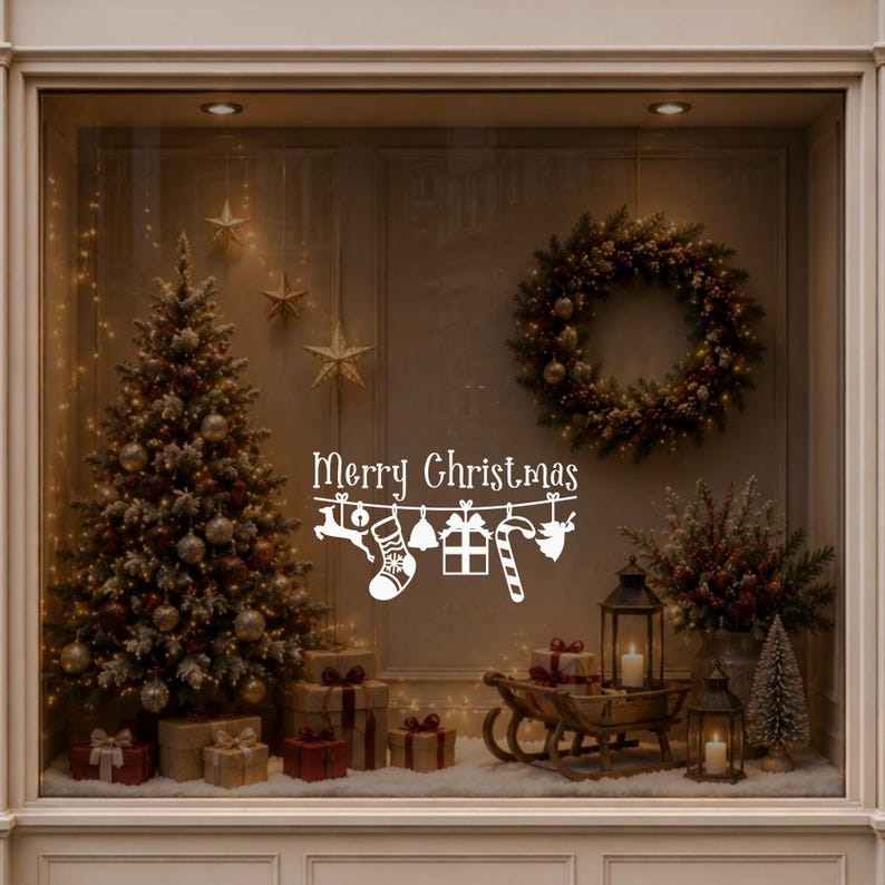 Christmas mock-up showing a Merry Christmas bauble window decal on glass in a warmly decorated festive room.