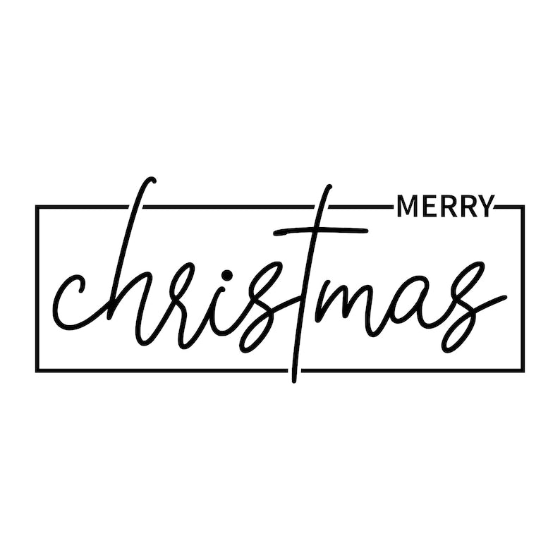 Minimal Merry Christmas vinyl decal featuring handwritten festive lettering inside a simple rectangular outline.