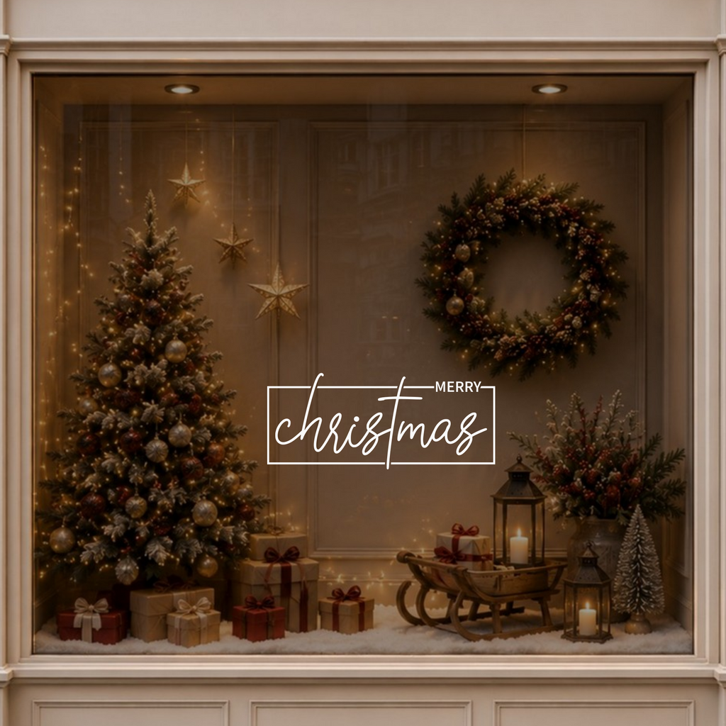 Modern Merry Christmas window decal displayed on glass in a warmly decorated festive interior.