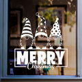 White Merry Christmas gnome window sticker featuring three festive gnomes with patterned Christmas hats displayed on glass.