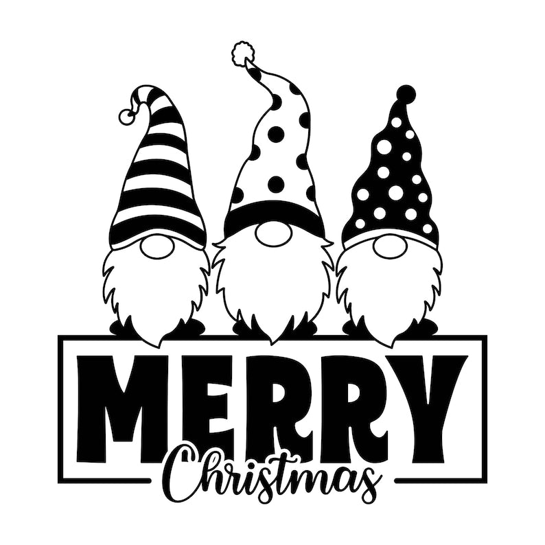 Merry Christmas vinyl decal featuring three Christmas gnomes with different patterned festive hats and bold lettering.