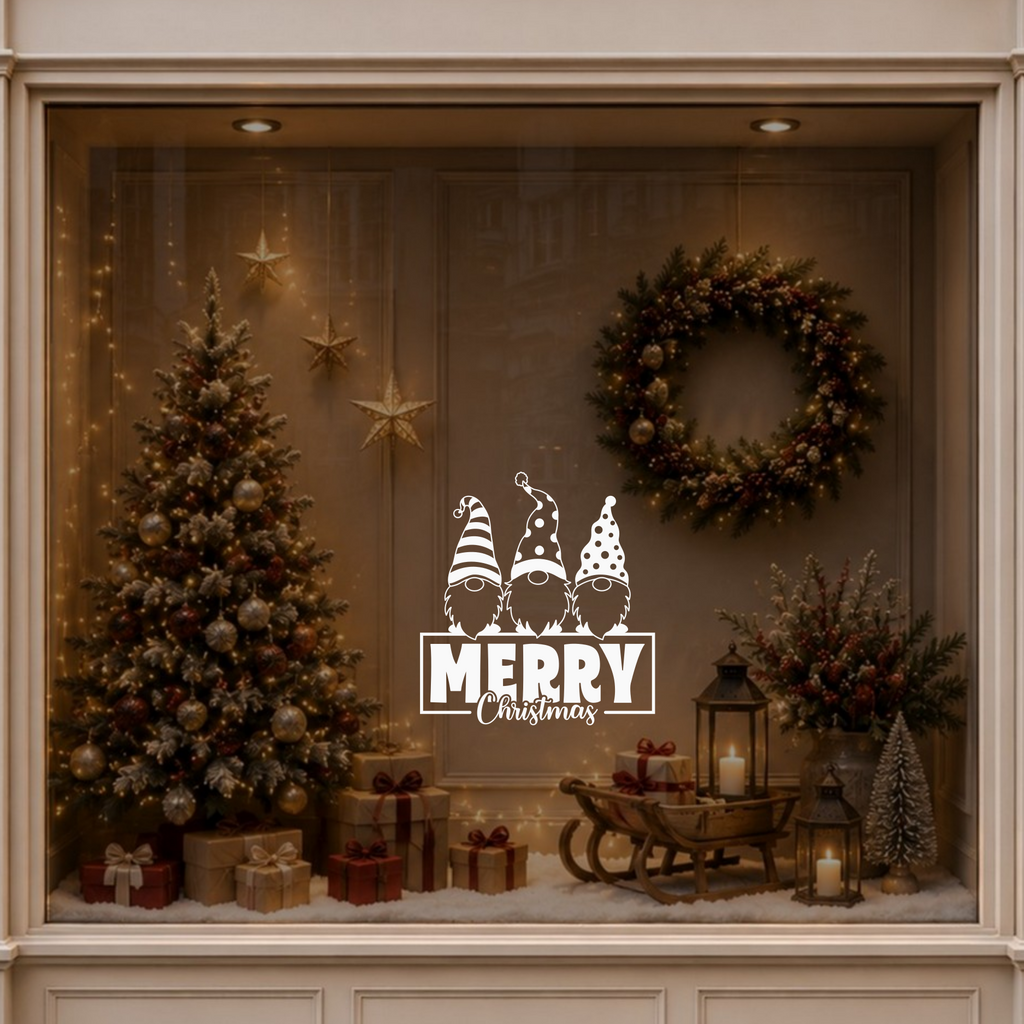 Merry Christmas gnome window sticker displayed in a warm festive setting beside a decorated Christmas tree.