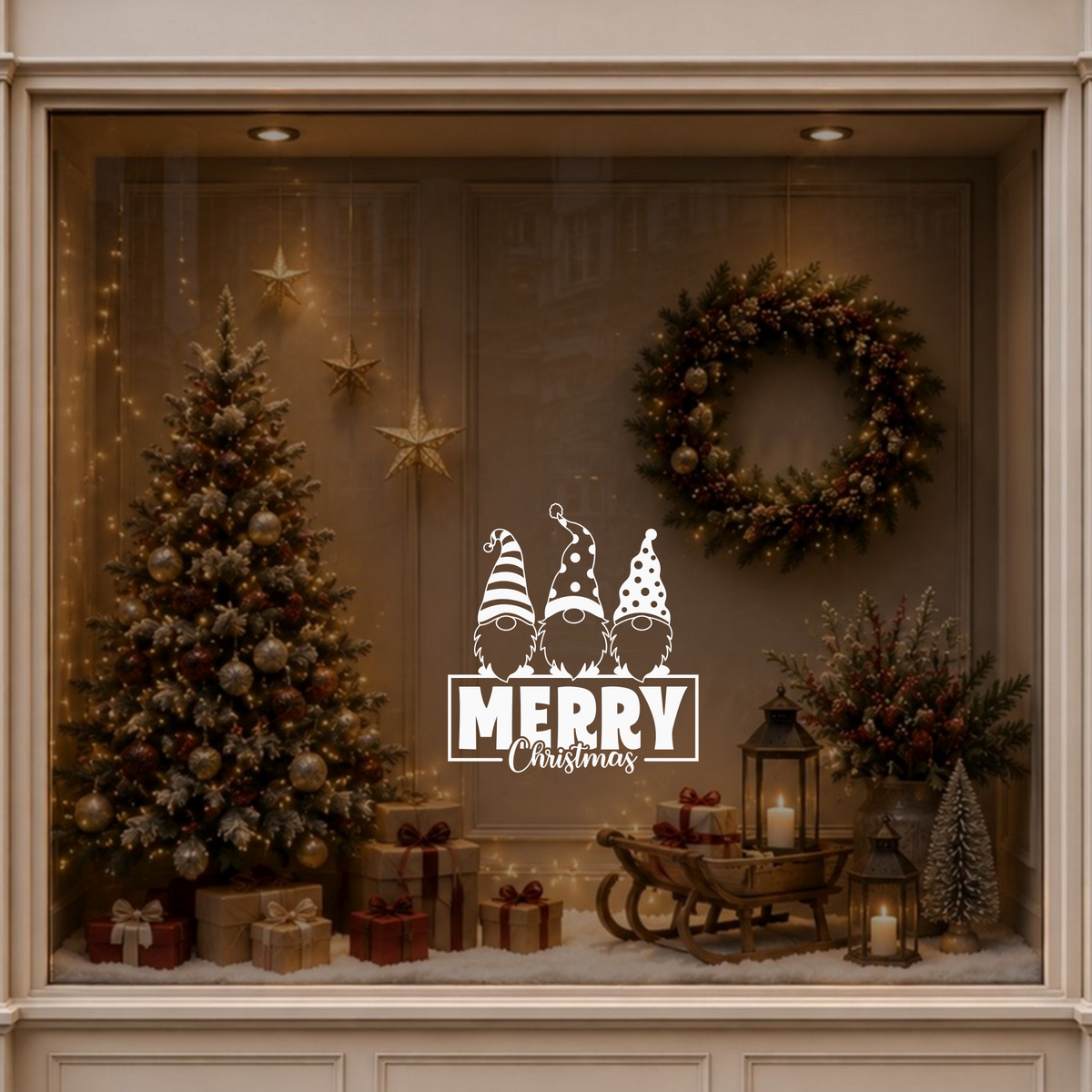 Merry Christmas gnome window sticker displayed in a warm festive setting beside a decorated Christmas tree.