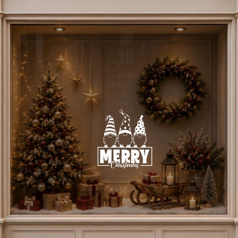 Merry Christmas gnome window sticker displayed in a warm festive setting beside a decorated Christmas tree.