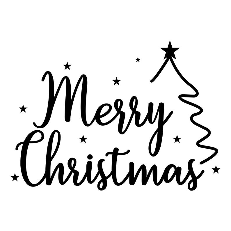 Merry Christmas vinyl decal design featuring script lettering, a simple outlined Christmas tree and festive star details.