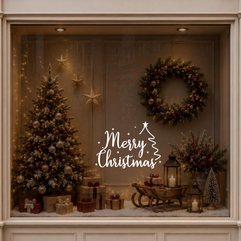 Merry Christmas tree window decal displayed on glass beside a decorated Christmas tree in a warm festive interior.
