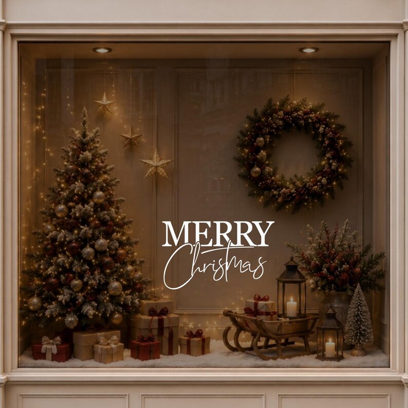 Merry Christmas window decal displayed in a warm festive interior beside a decorated Christmas tree.