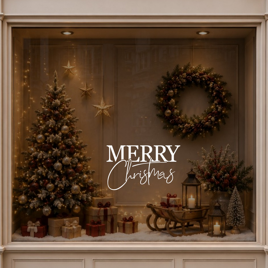 Merry Christmas window decal displayed in a warm festive interior beside a decorated Christmas tree.