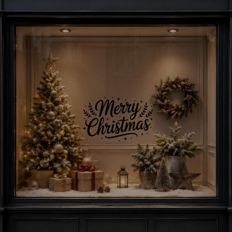 Merry Christmas window sticker with foliage and star details shown on dark glass in a Christmas display.