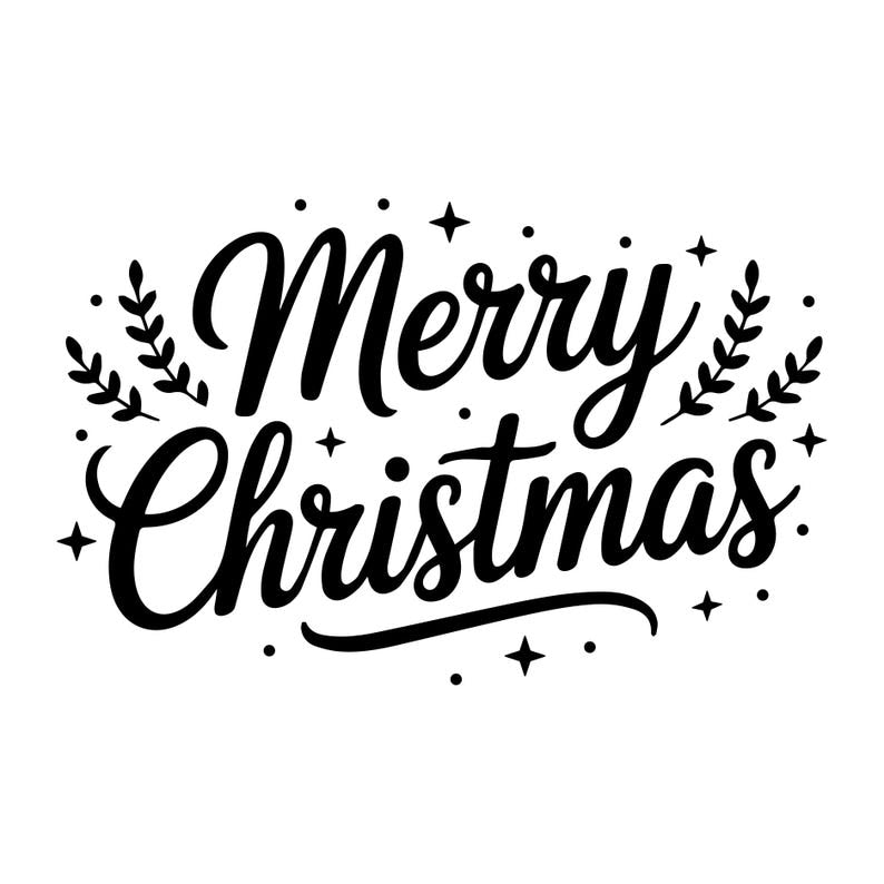 Merry Christmas vinyl decal design with handwritten lettering, decorative leaves and small Christmas stars.