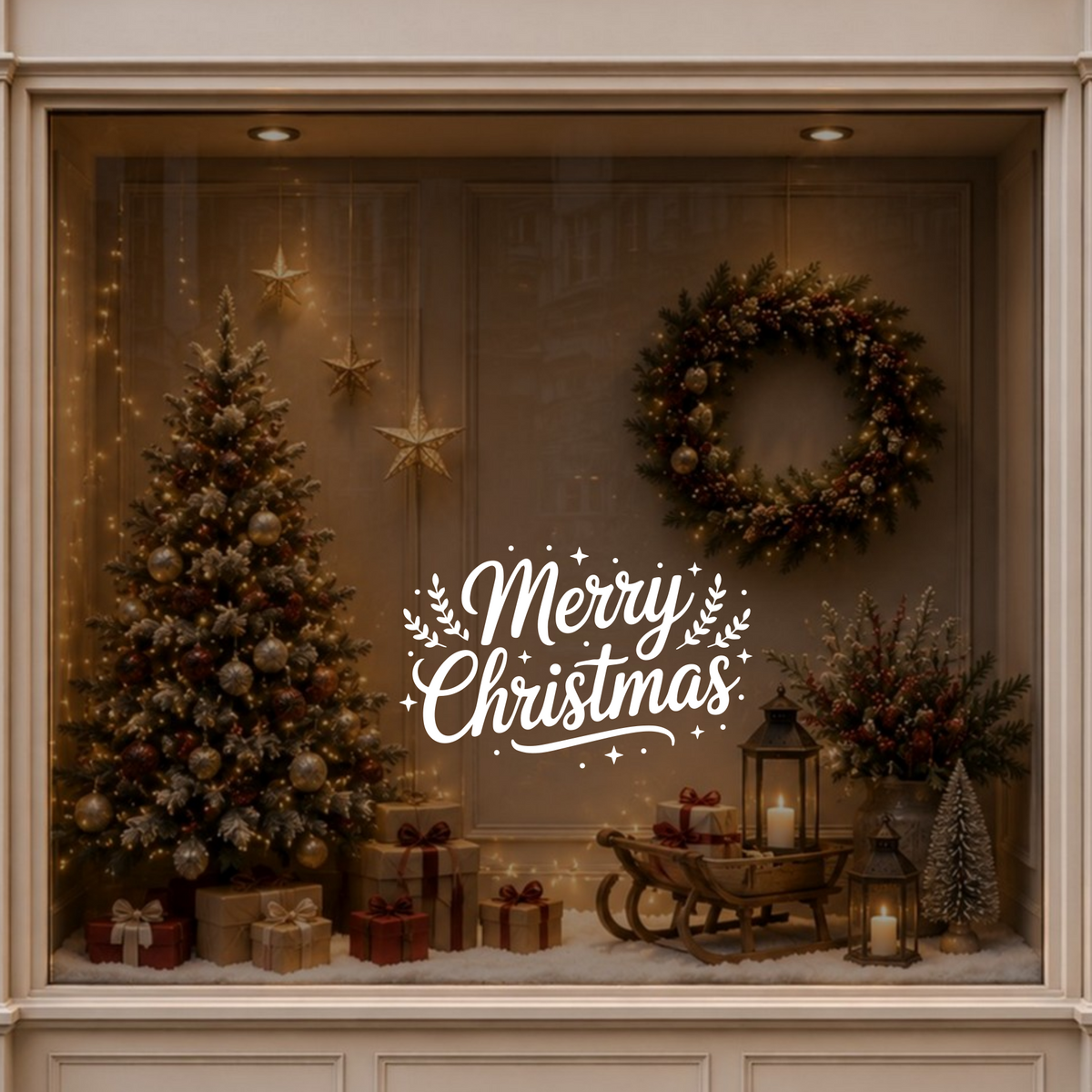 Merry Christmas window decal displayed beside a decorated Christmas tree in a warm festive interior.