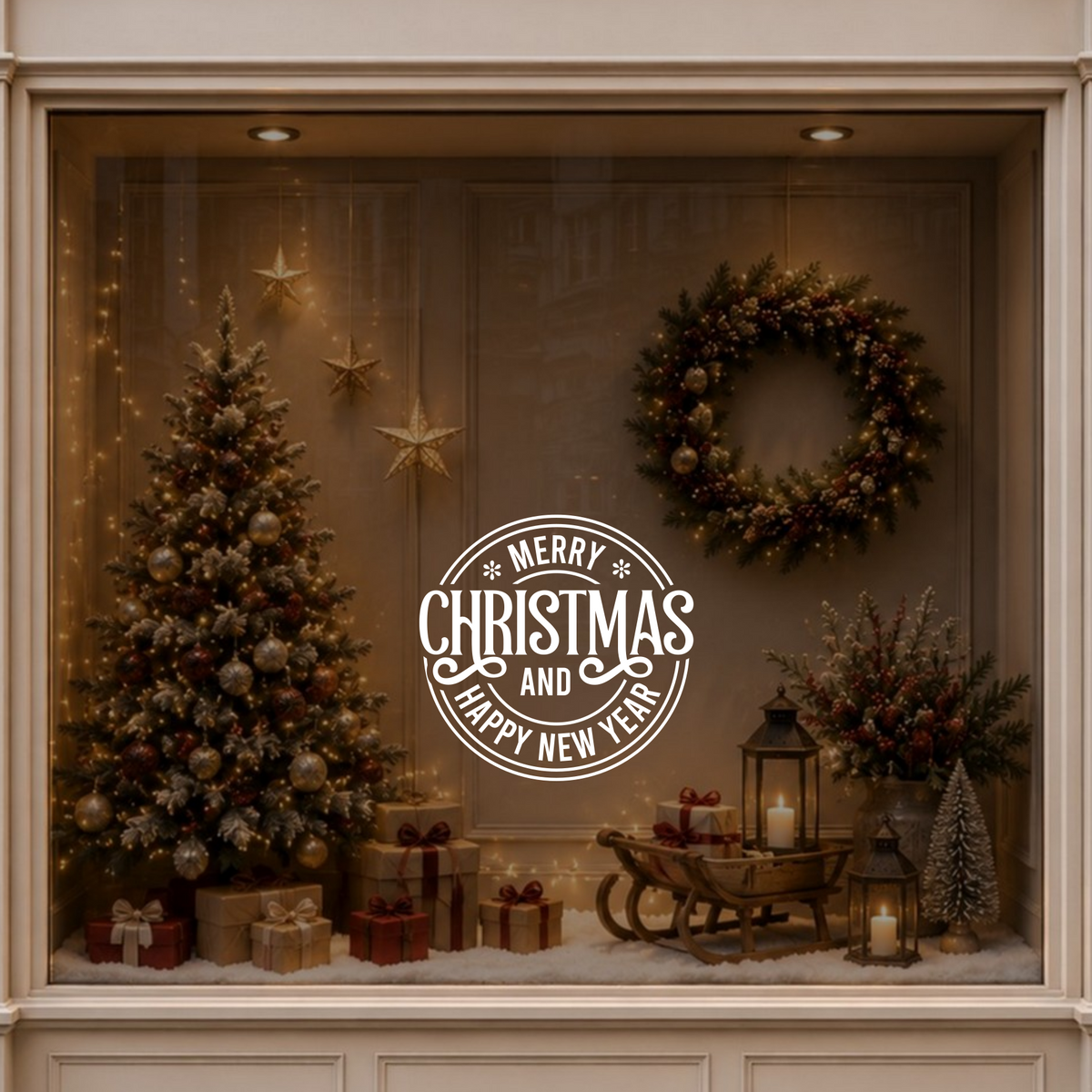 Merry Christmas window sticker displayed on a warmly decorated festive shop window.