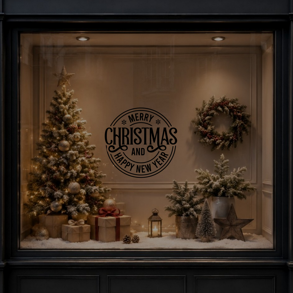 Merry Christmas vinyl decal shown on a dark Christmas shop window.