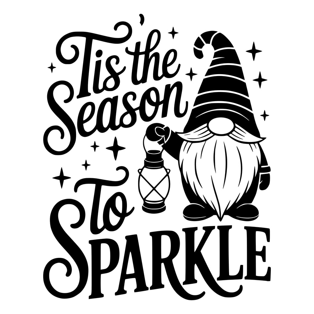 Christmas gnome vinyl decal with Tis the Season to Sparkle lettering, decorative stars and festive details.