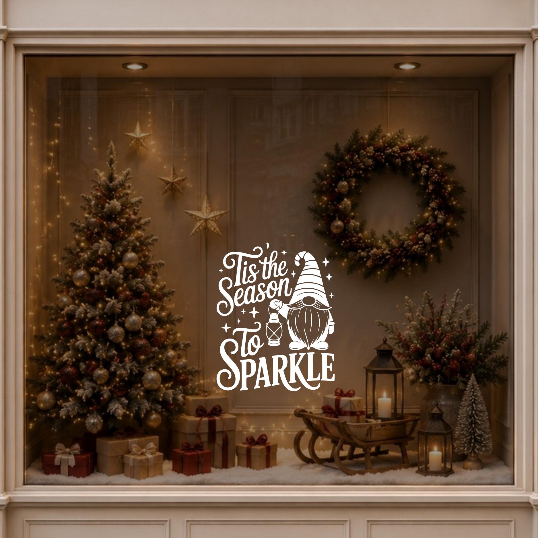 Christmas gnome window sticker displayed on glass in a warmly decorated festive interior.