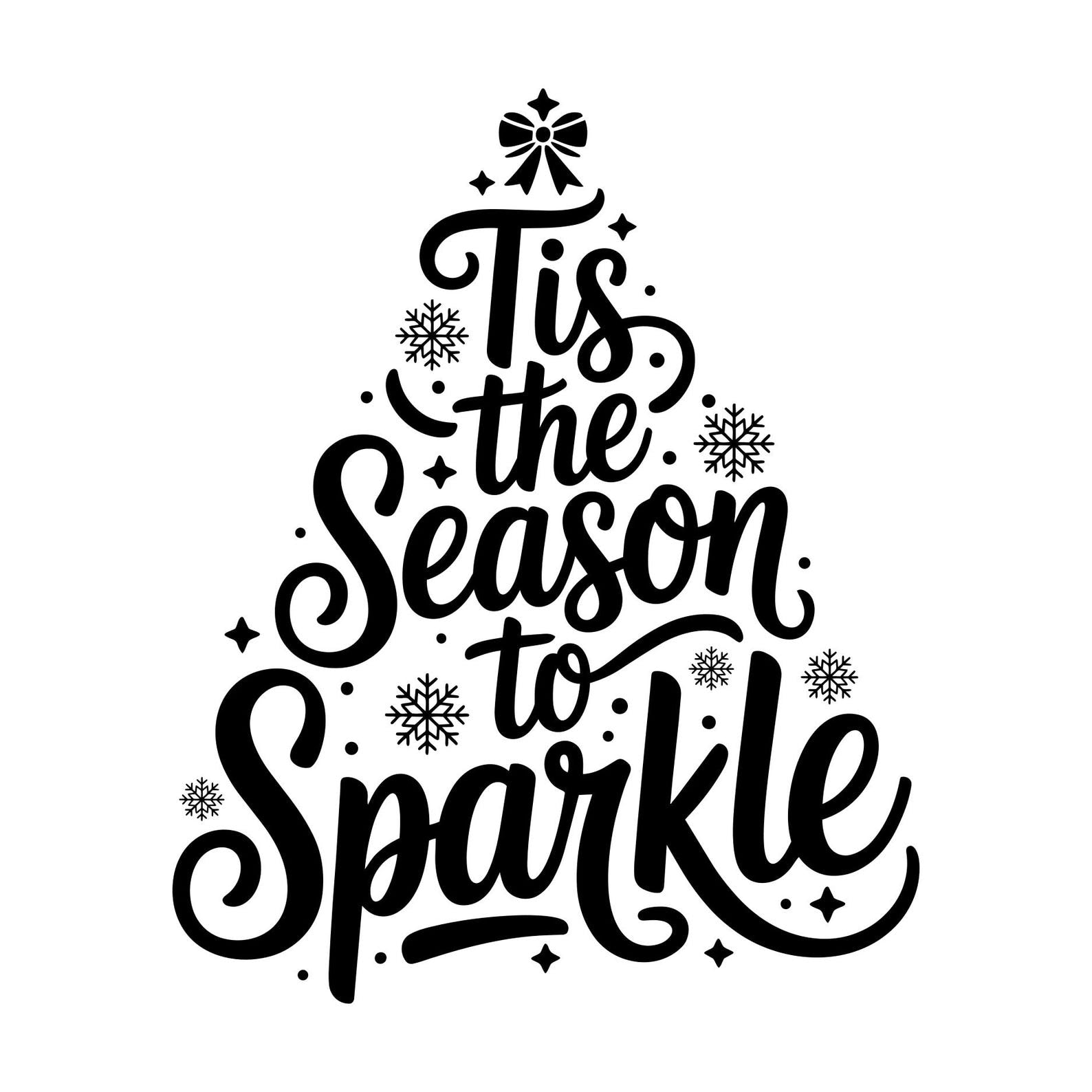 Tis the Season to Sparkle vinyl decal with lettering arranged into a Christmas tree shape and decorative stars