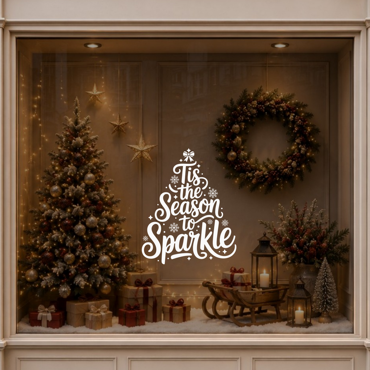 Christmas tree lettering window sticker displayed on a warmly decorated festive shop window.