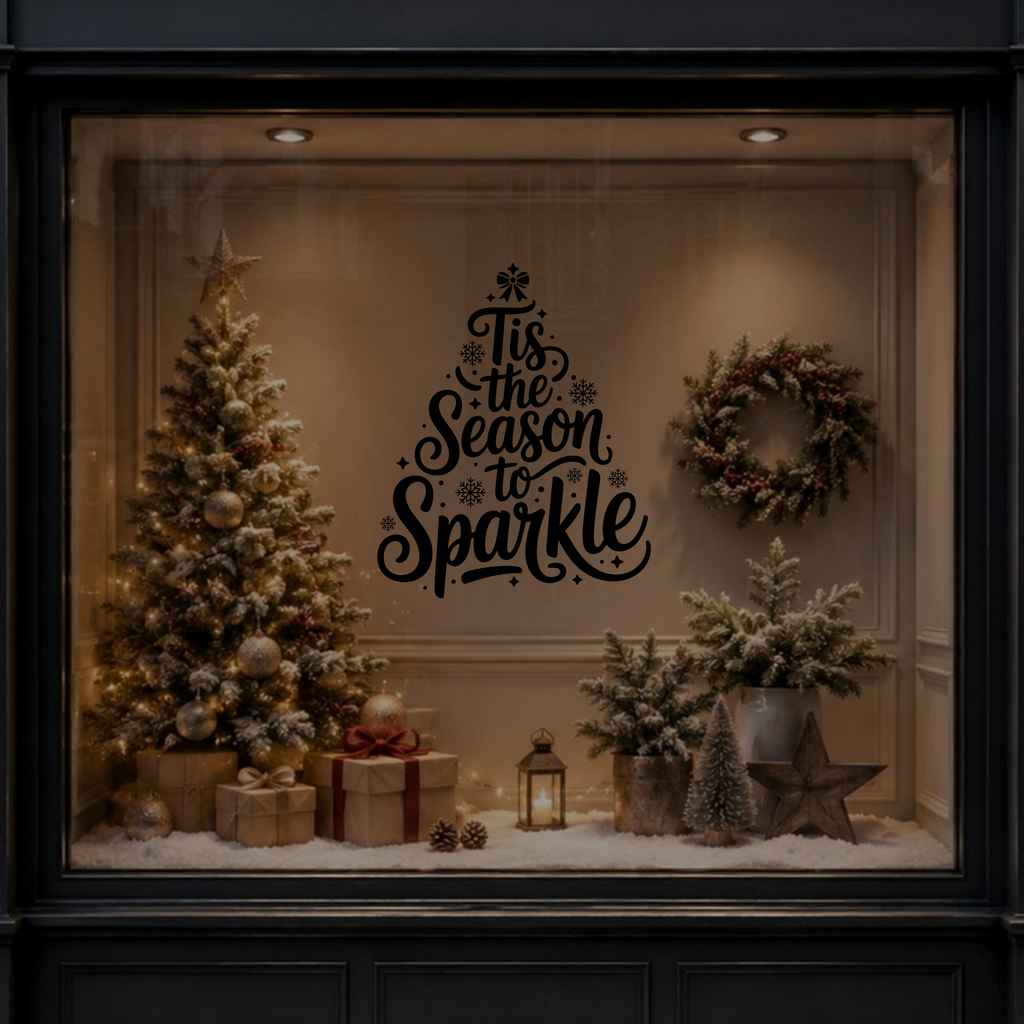Tis the Season to Sparkle Christmas vinyl decal displayed on a dark festive window.