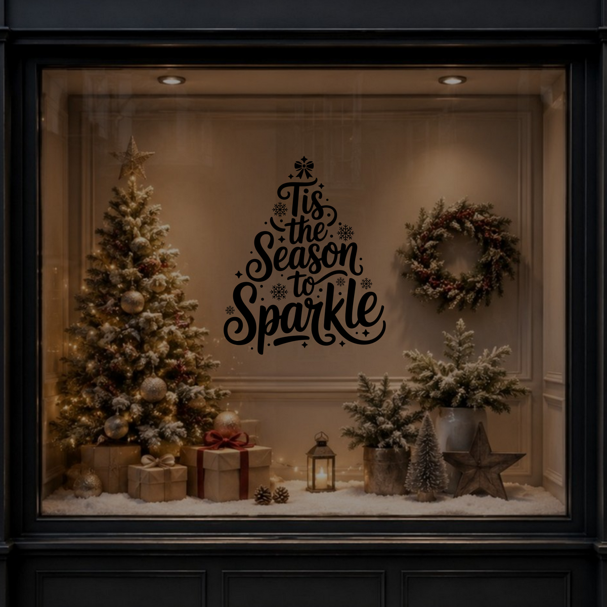Tis the Season to Sparkle Christmas vinyl decal displayed on a dark festive window.