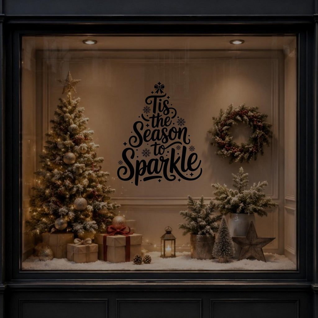 Tis the Season to Sparkle Christmas vinyl decal displayed on a dark festive window.