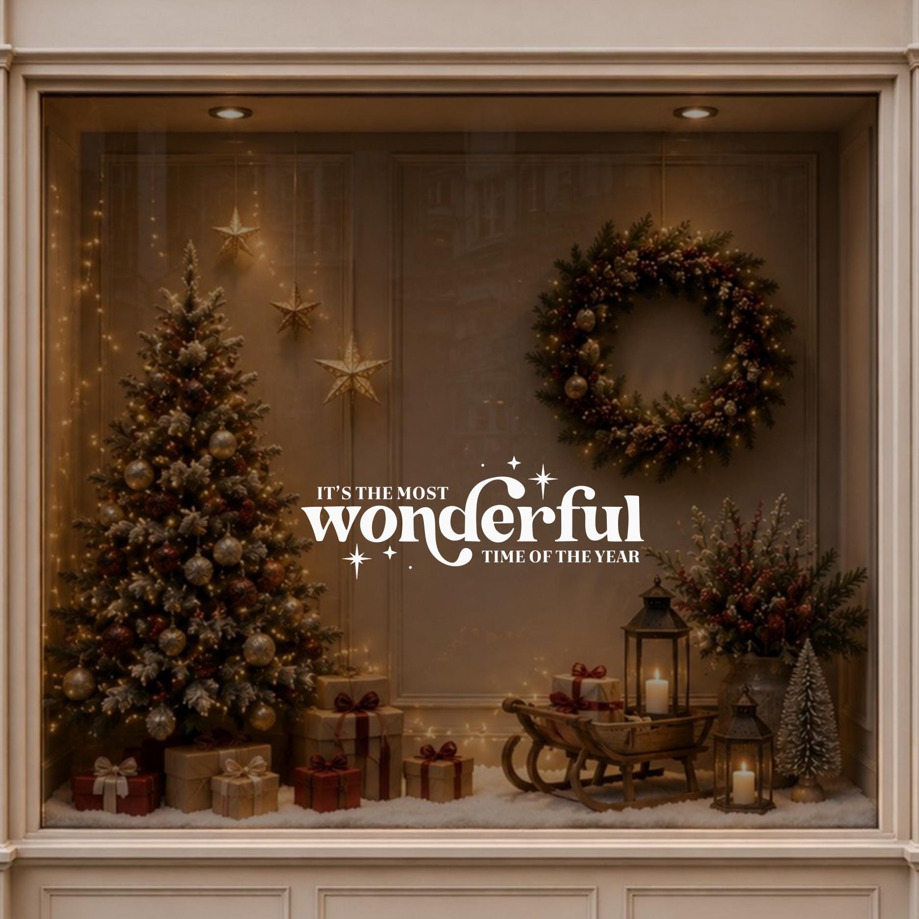 Wonderful Time of the Year window decal displayed on a warmly decorated Christmas shop window.