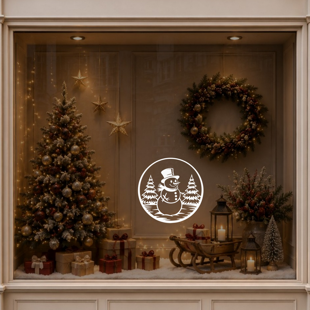 Snowman Christmas window decal displayed on a warmly decorated festive shop window.