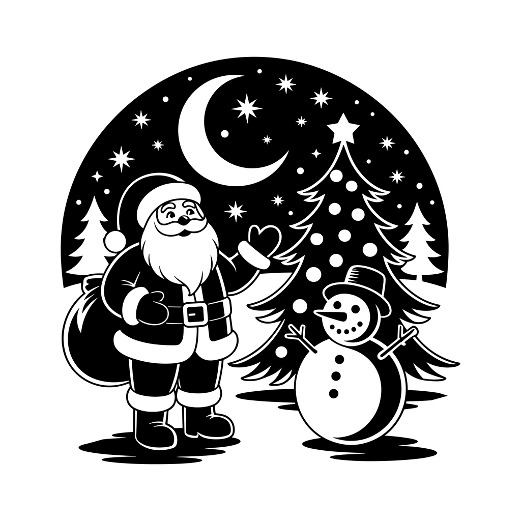 Christmas vinyl decal featuring Santa Claus, a snowman, fir trees, falling snow and a crescent moon.