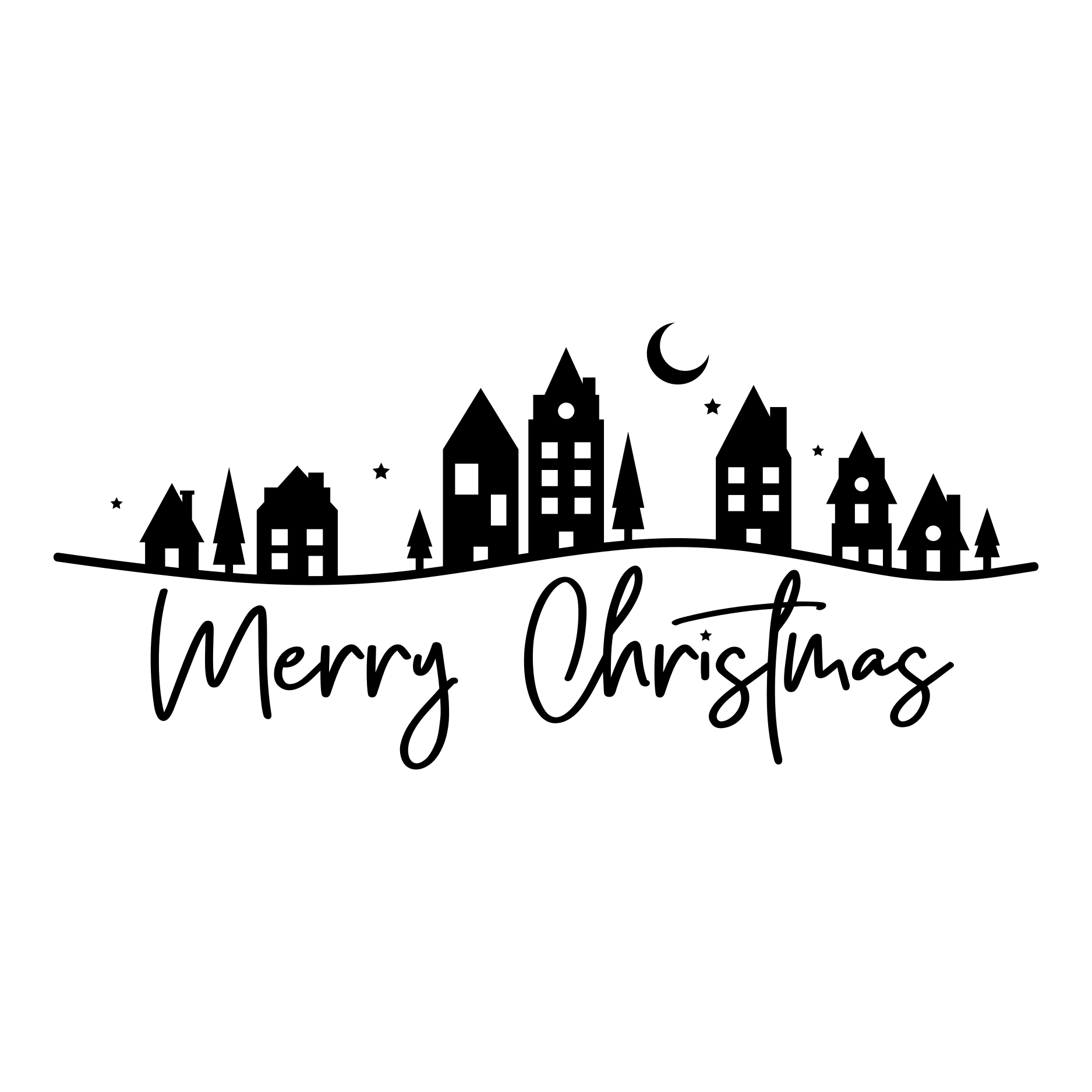 Merry Christmas village vinyl decal with houses, fir trees, stars and a crescent moon