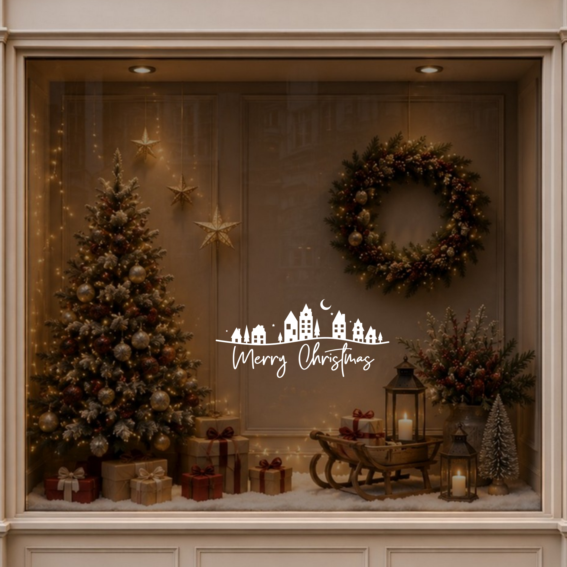 Christmas village window sticker displayed on a warmly decorated shop window