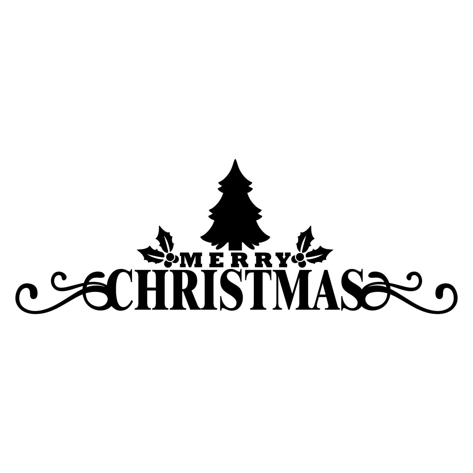 Christmas tree vinyl decal featuring Merry Christmas lettering and decorative scroll details