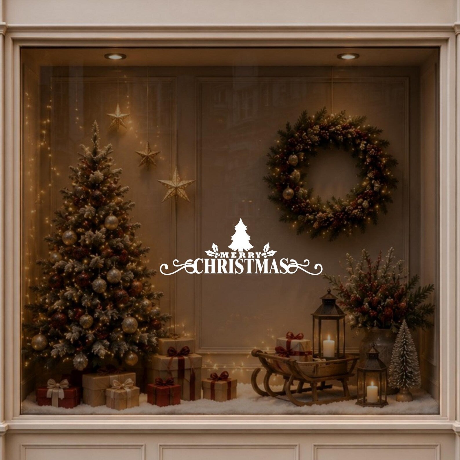 Merry Christmas vinyl window decal displayed on a warmly decorated festive shop window.