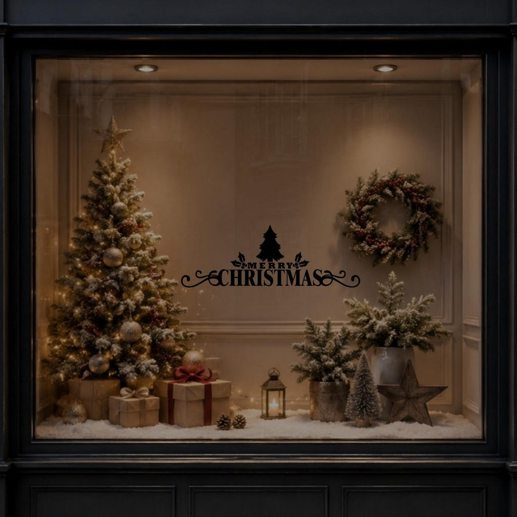 Christmas tree window sticker shown on a dark Christmas window display.