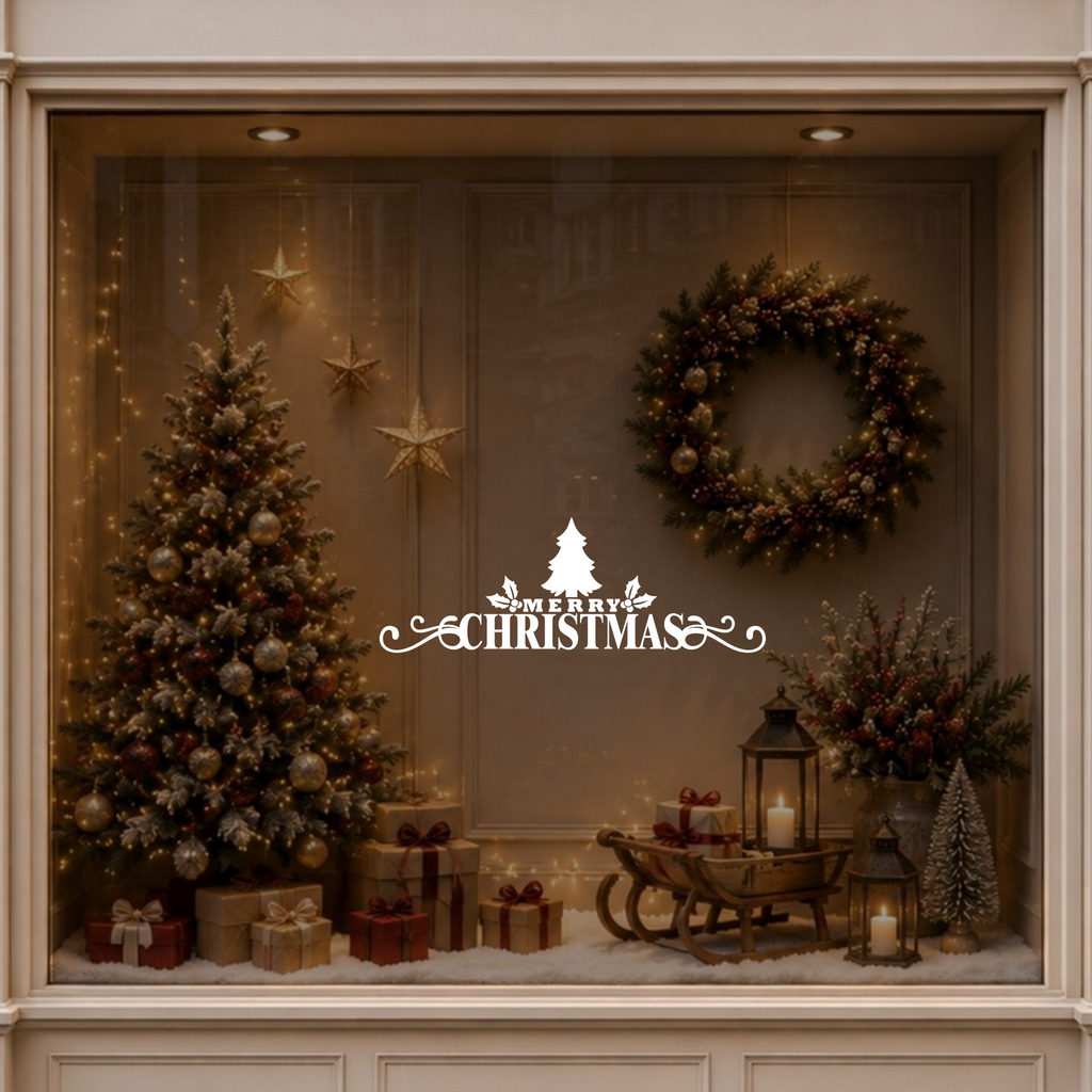 Merry Christmas vinyl window decal displayed on a warmly decorated festive shop window.