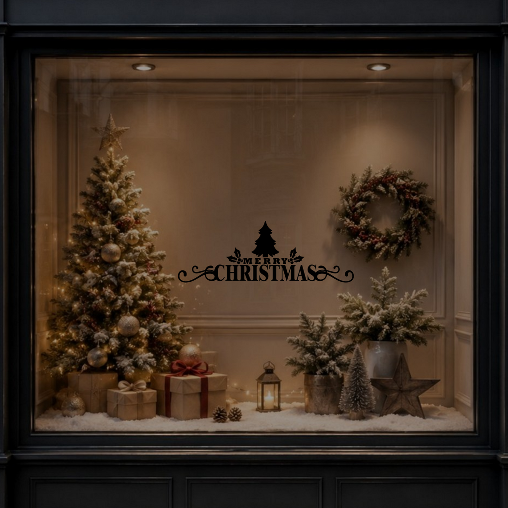 Christmas tree window sticker shown on a dark Christmas window display.