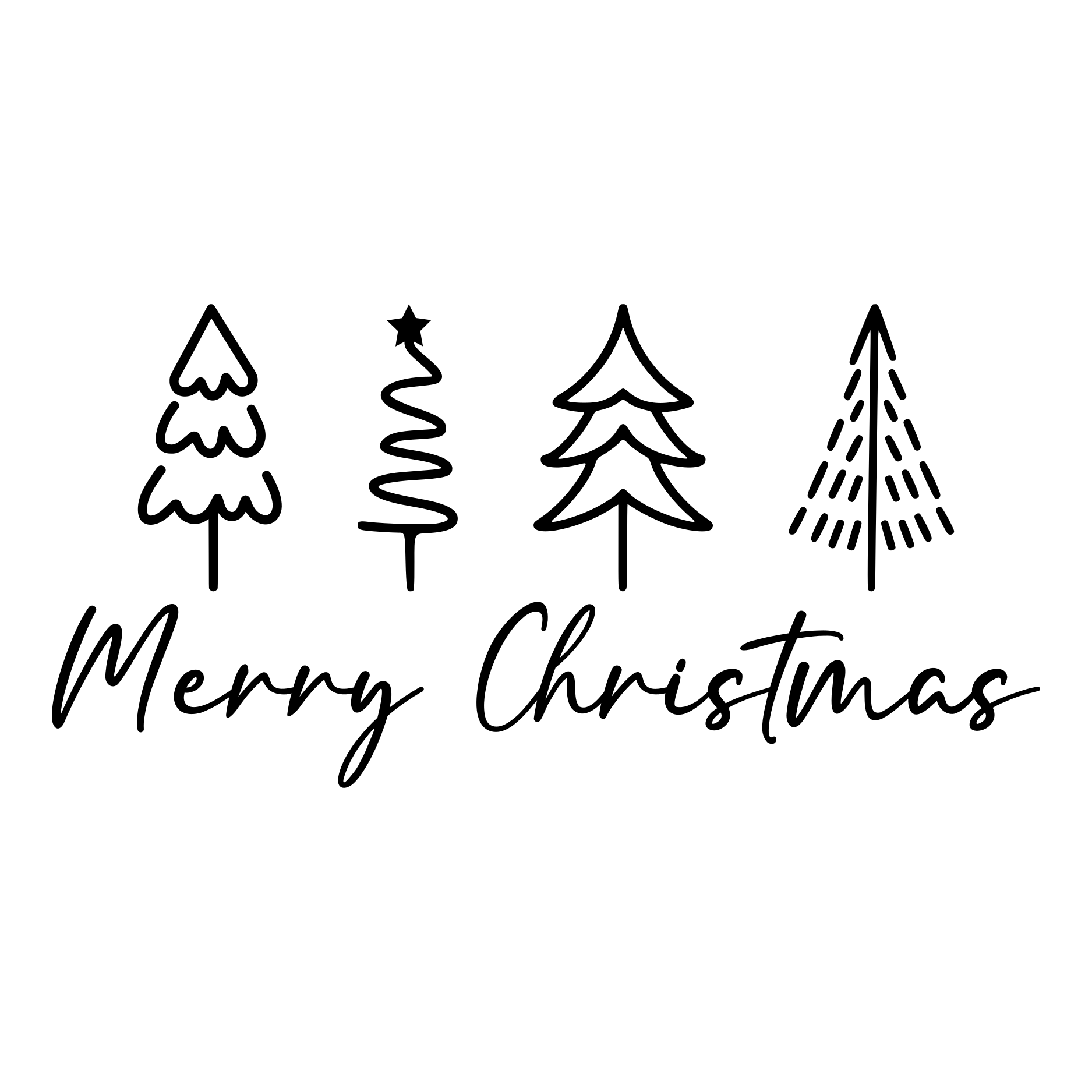Merry Christmas vinyl decal featuring four minimalist Christmas tree drawings
