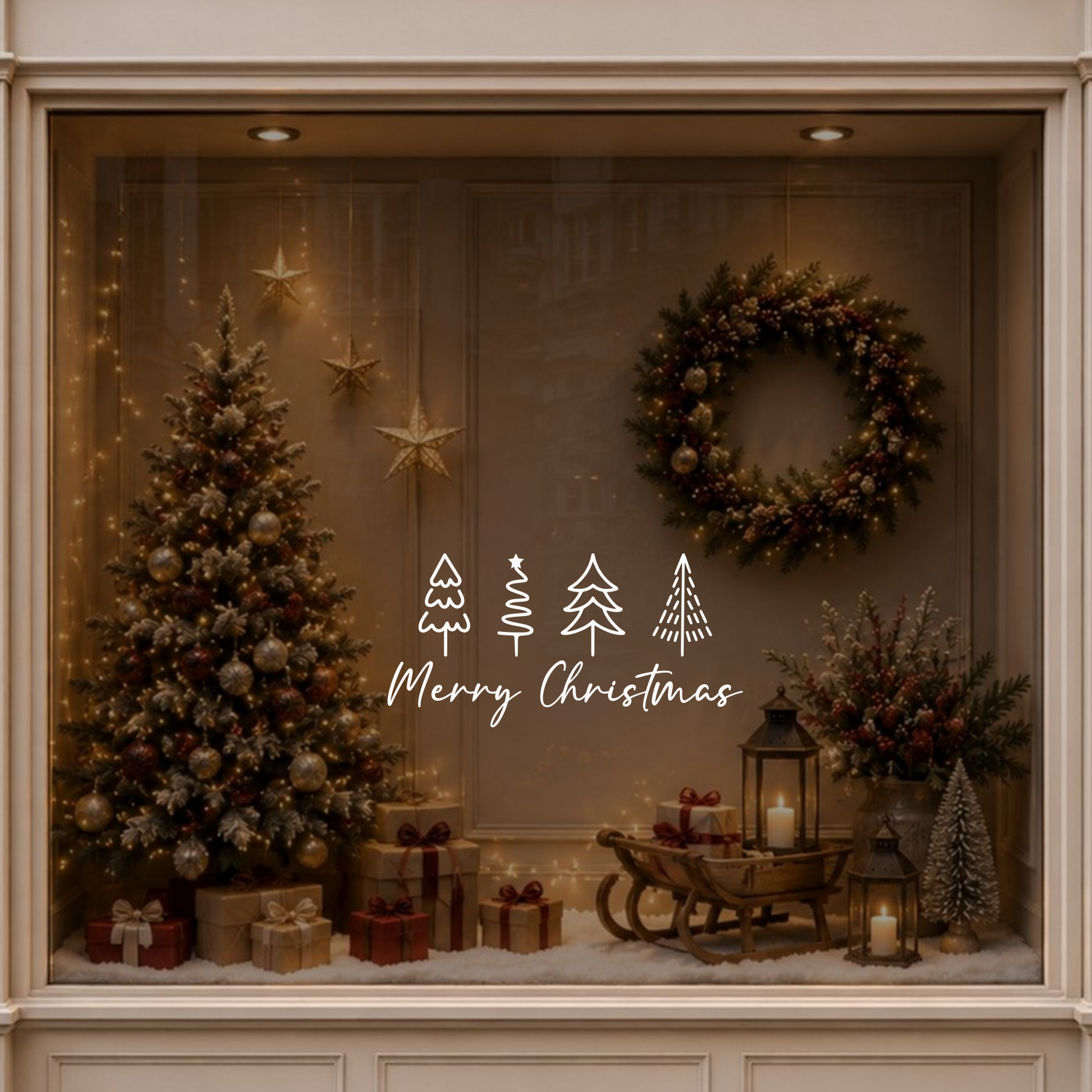 Minimalist Christmas tree window sticker displayed on a warmly decorated shop window