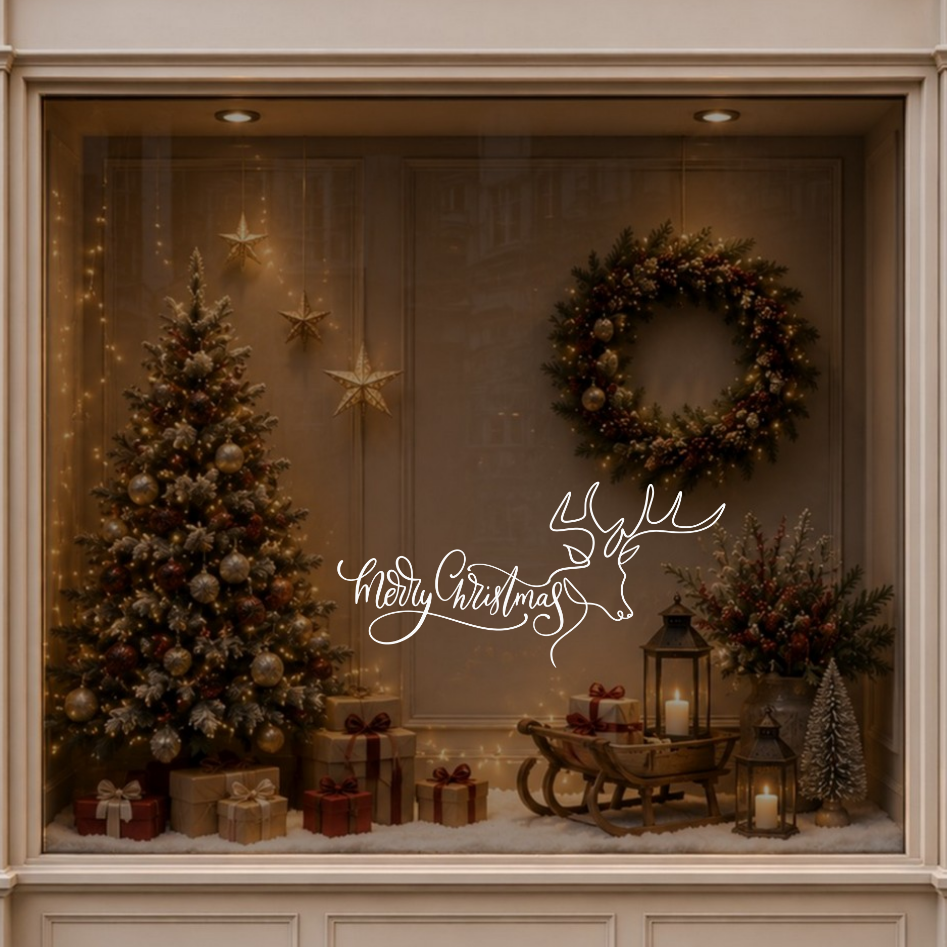 Merry Christmas reindeer outline sticker displayed on a warmly decorated shop window