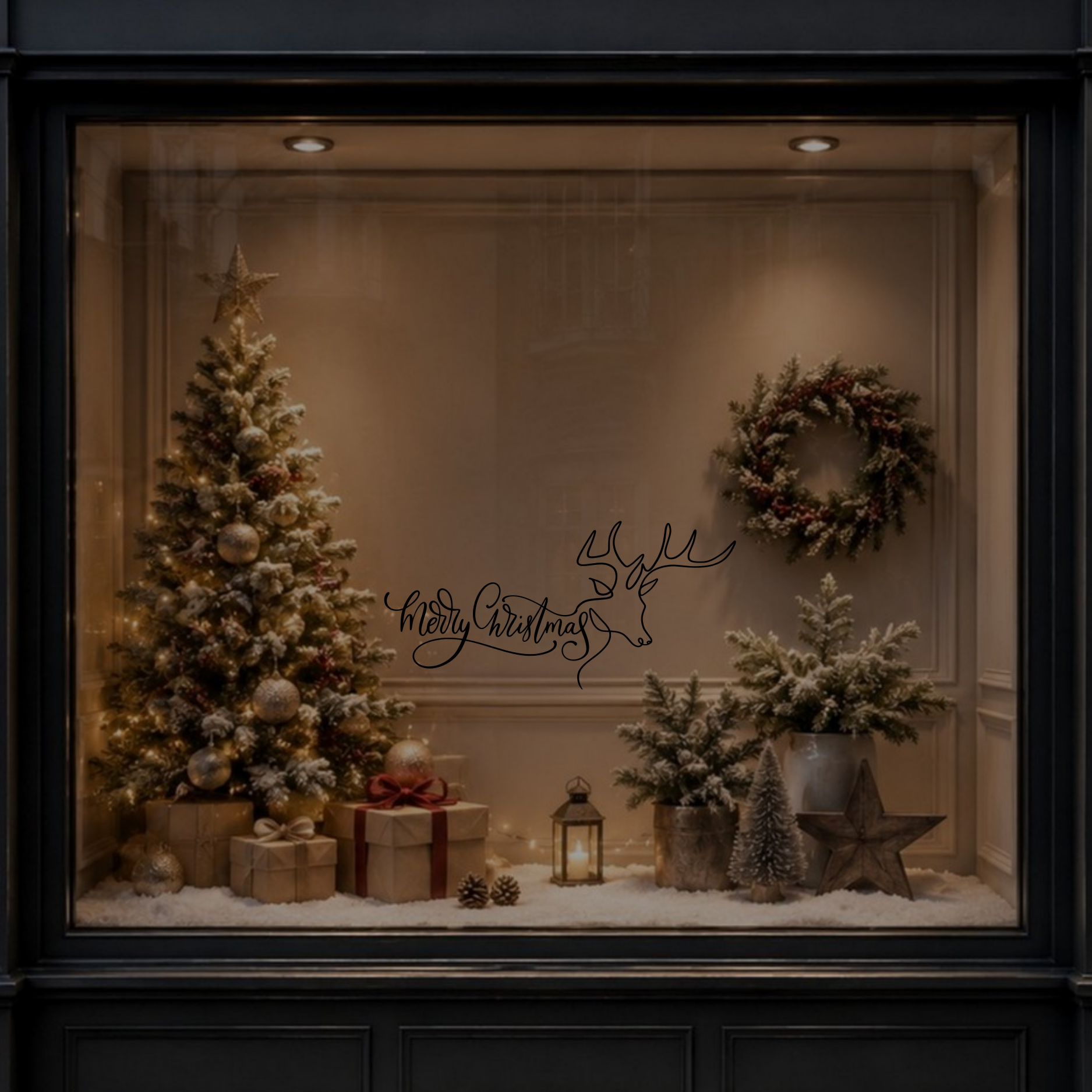 Continuous-line reindeer Christmas decal shown on a dark festive window display