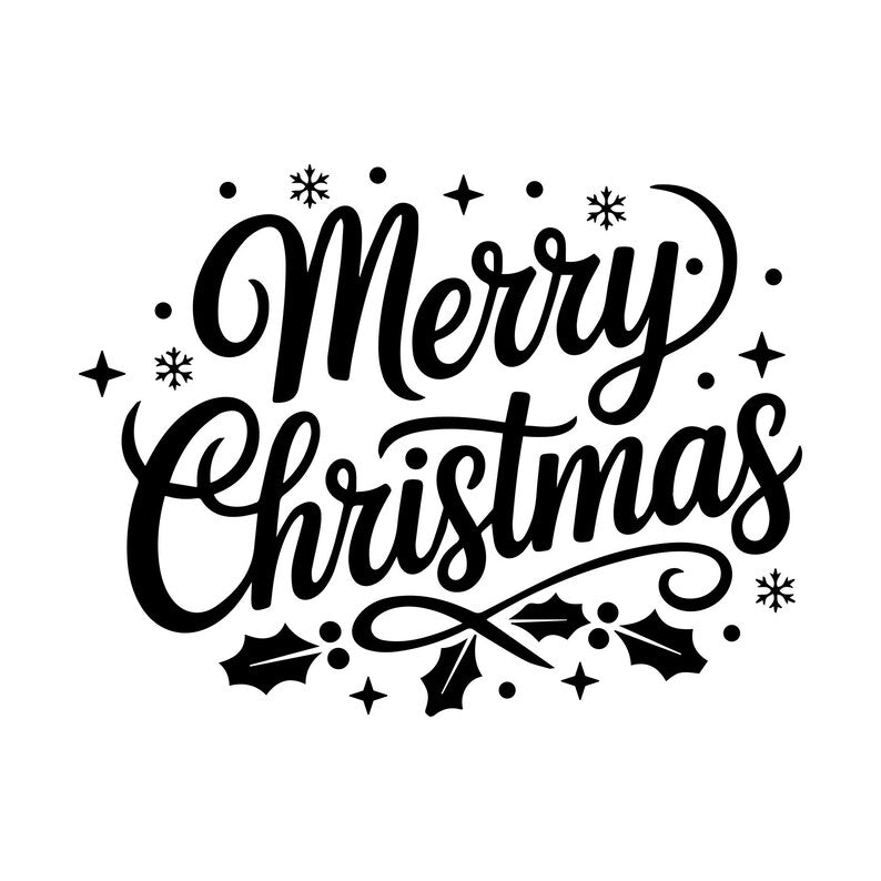 Merry Christmas vinyl decal with handwritten lettering surrounded by decorative Christmas stars