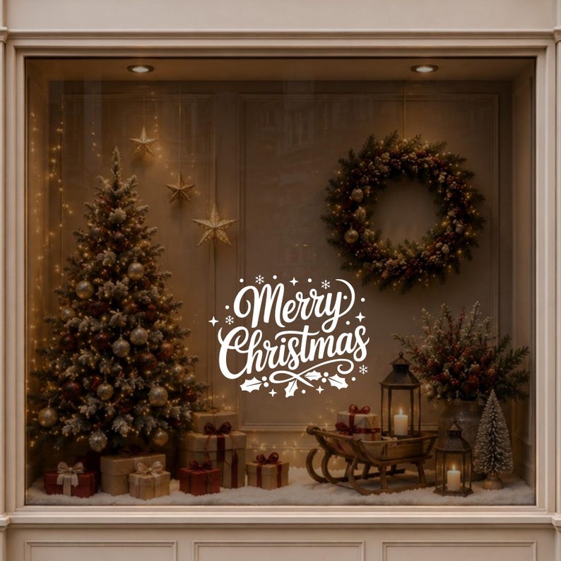 Merry Christmas vinyl decal with handwritten lettering surrounded by decorative Christmas stars