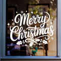 Merry Christmas window sticker featuring bold script lettering and festive stars displayed on glass