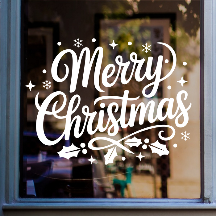 Merry Christmas window sticker featuring bold script lettering and festive stars displayed on glass