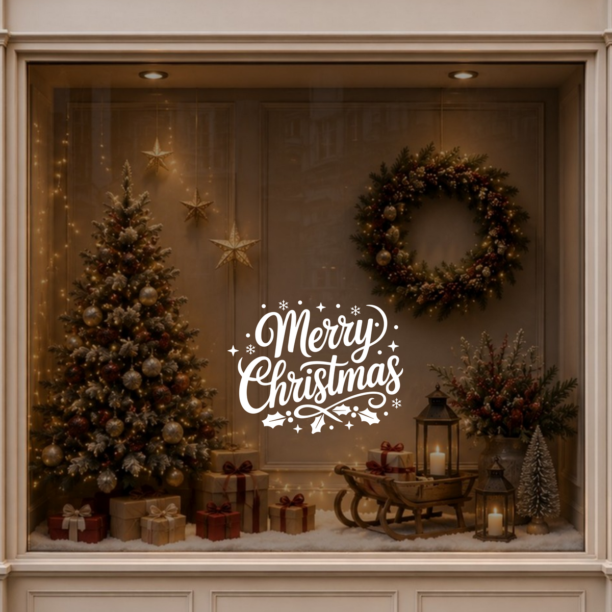 Bold Script & Stars Merry Christmas sticker shown on a festive shop window
